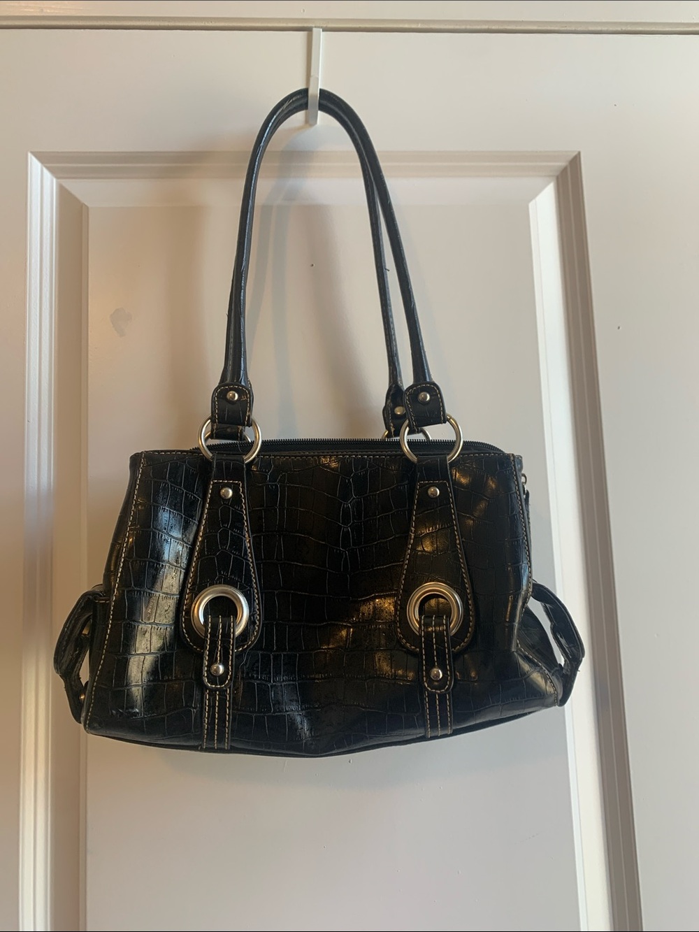 Black Croc-Embossed Double-Handle Shoulder Bag